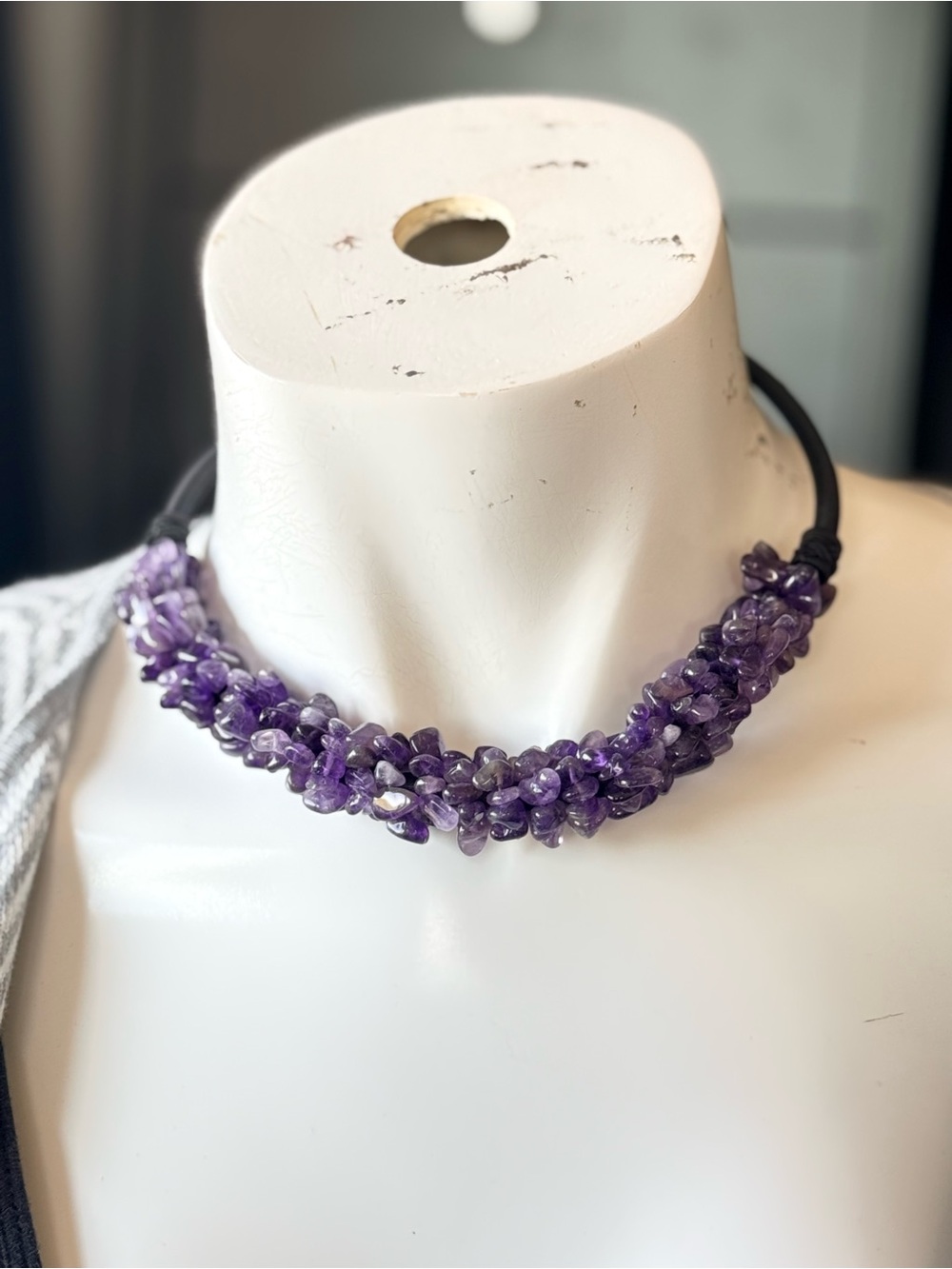 Vintage genuine natural amethyst cluster and twine collar bib necklace